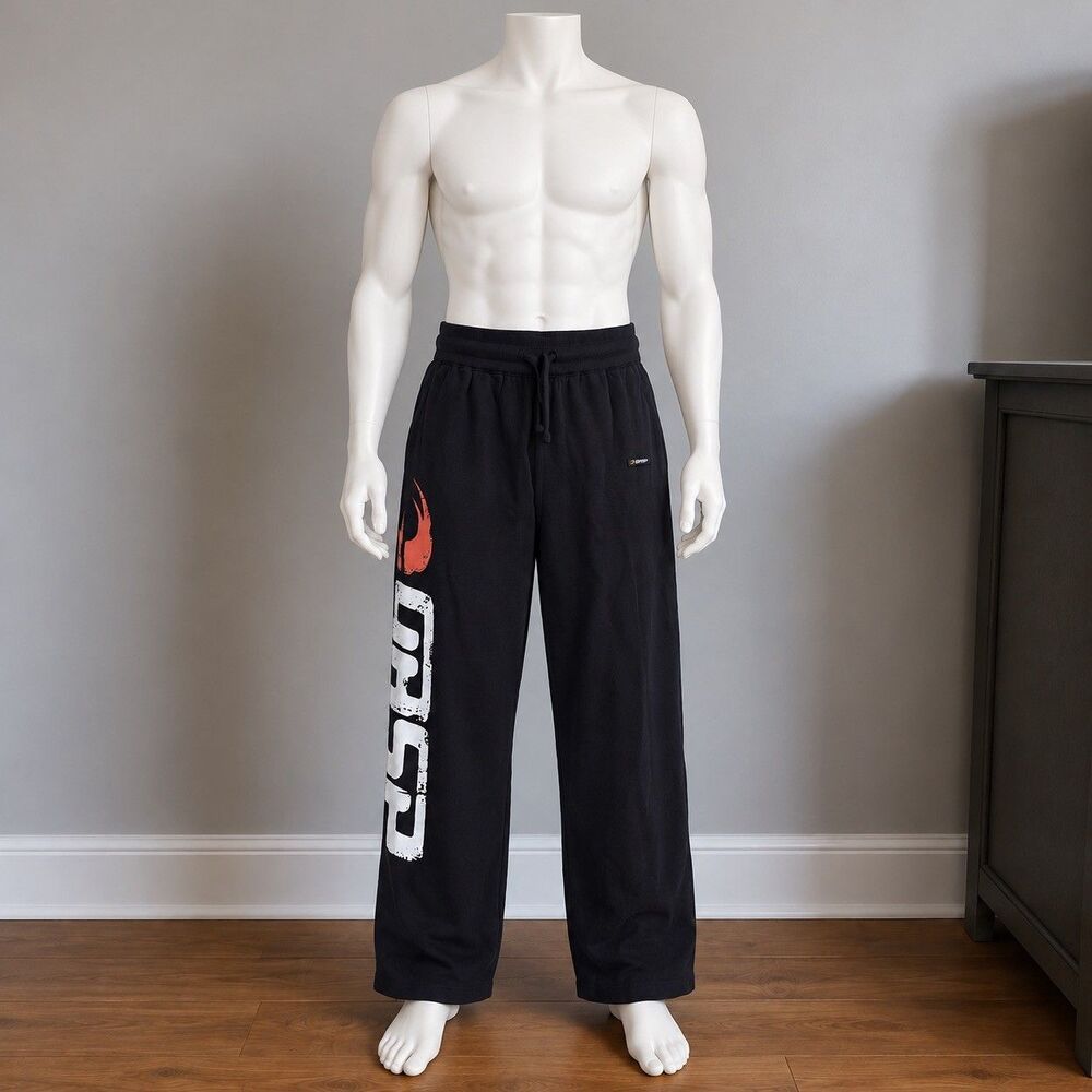 GASP Mens Large Black Wide Leg Sweatpants Bodybuilding Gym Y2K Streetwear